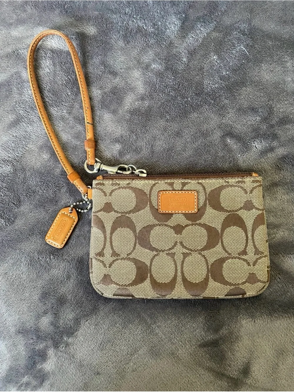 Coach Brown Signature Canvas Wristlet with Tan Leather Trim
